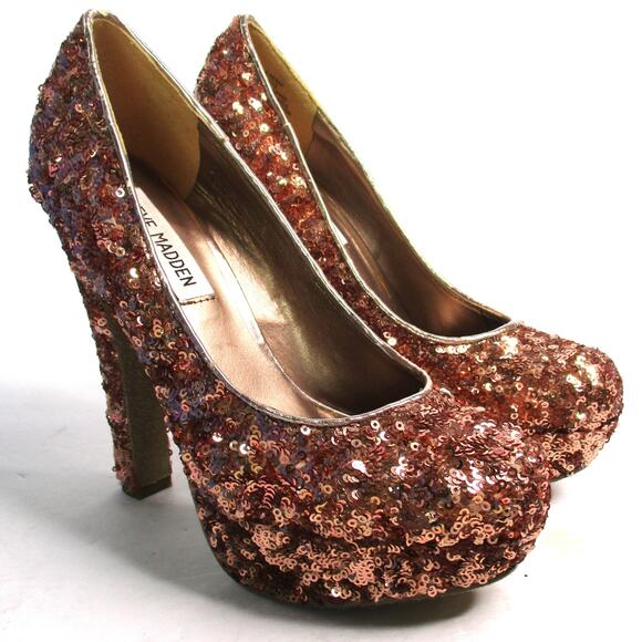STEVE MADDEN Rose Gold Sequined Glitter Platform High Heel Pumps Sz 6.5 - Picture 1 of 10